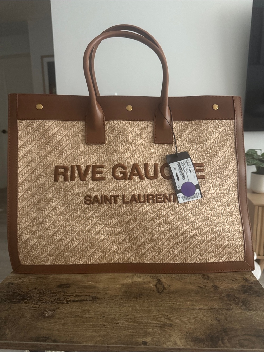 Saint Laurent Rive Gauche Brown Raffia and Leather Tote